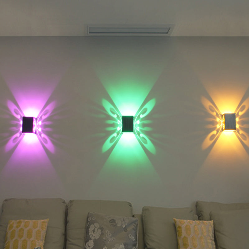 Modernist LED Wall Lamp - Chrome Hollow Butterfly Design with Aluminium Shade, Red/Blue/Purple Light