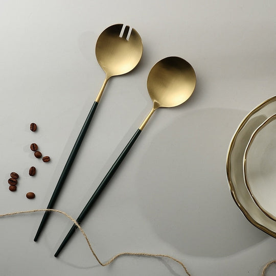 Black and Gold Salad Cutlery and Serving Utensils Set