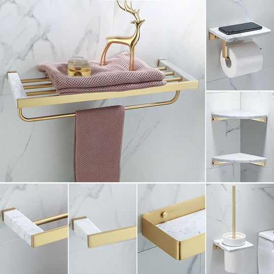 Polished Brass Bathroom Accessory Set with Marble Hardware
