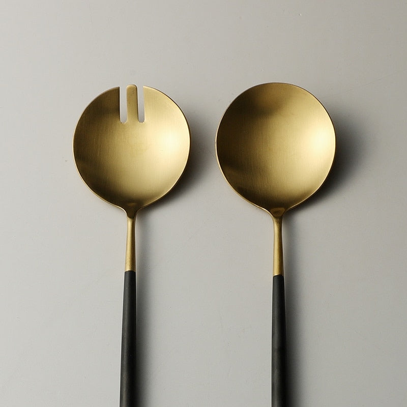 Black and Gold Salad Cutlery and Serving Utensils Set