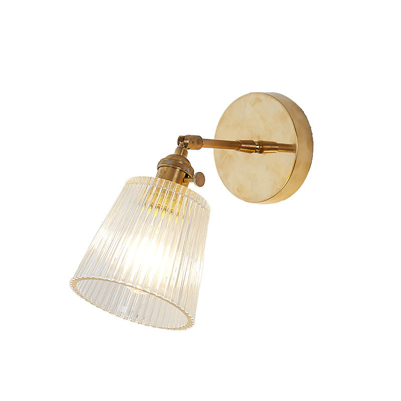 Clear Ribbed Glass Wall Lamp | Industrial Brass Cone Lighting Fixture for Living Room