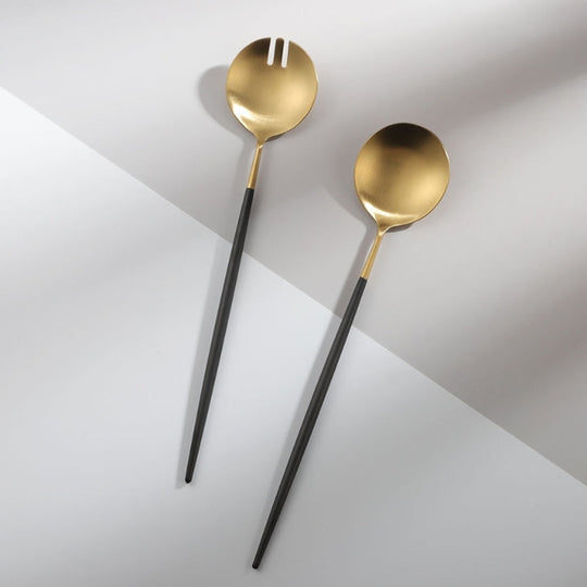 Black and Gold Salad Cutlery and Serving Utensils Set