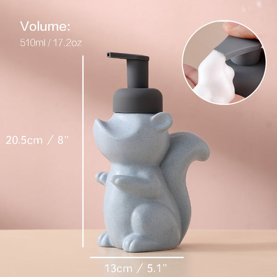 Ceramic Soap Dispenser - Squirrel Foam Pump Bathroom Bottle, Animal Design, Refillable Reusable Lotion Pump for Bathroom or Kitchen, 510ml/17.2oz