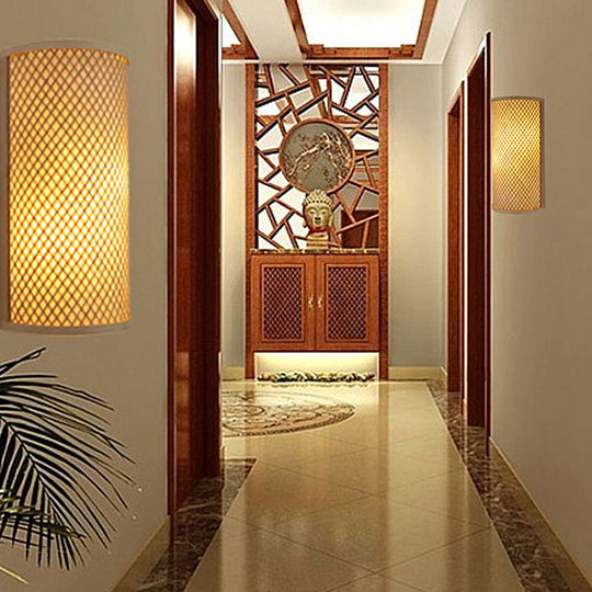 Half-Cylindrical Wall Lamp for Flush Mounting - Minimalist Bamboo 1-Head Hallway Light in Beige