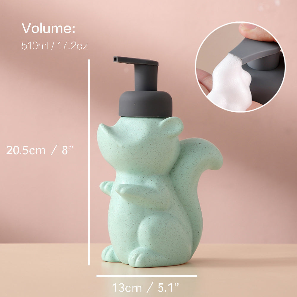 Ceramic Soap Dispenser - Squirrel Foam Pump Bathroom Bottle, Animal Design, Refillable Reusable Lotion Pump for Bathroom or Kitchen, 510ml/17.2oz
