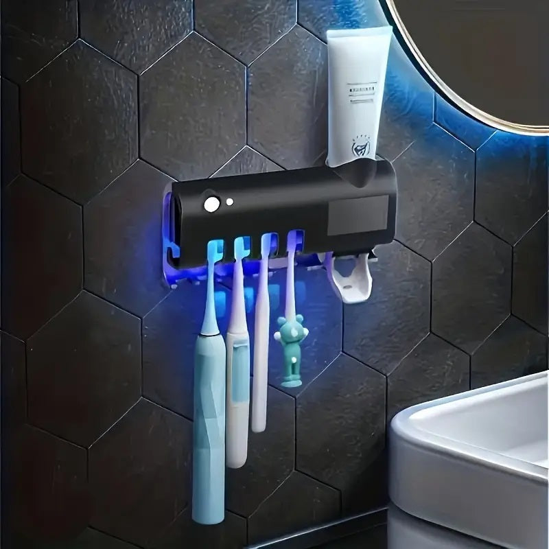 Smart UV Light Sterilizer Toothbrush Holder with Wall-Mounted Toothpaste Dispenser