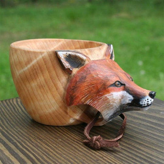 Hand-Carved Animal Head Wooden Cup