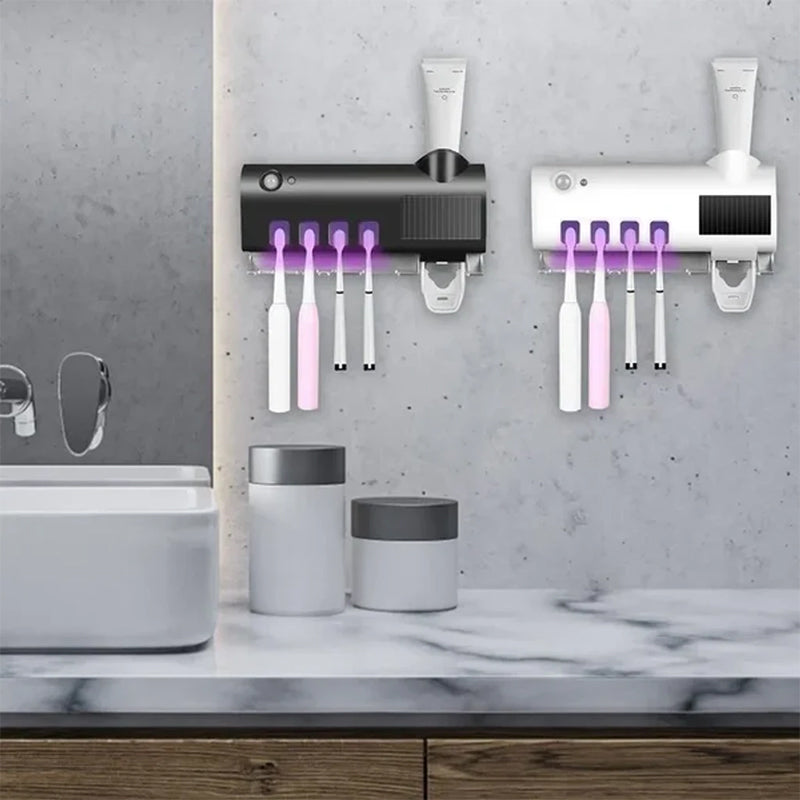 Smart UV Light Sterilizer Toothbrush Holder with Wall-Mounted Toothpaste Dispenser