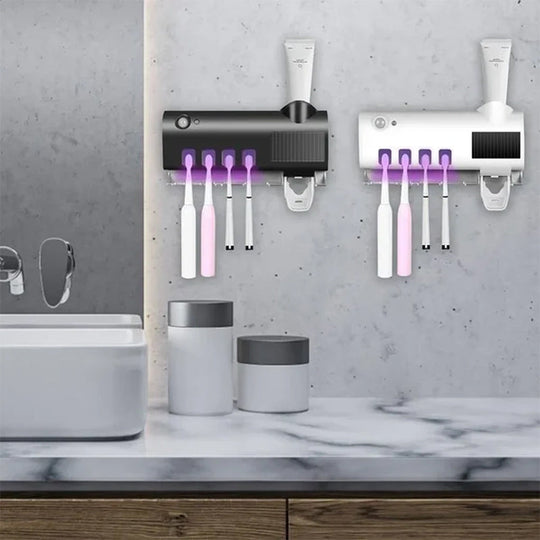 Smart UV Light Sterilizer Toothbrush Holder with Wall-Mounted Toothpaste Dispenser
