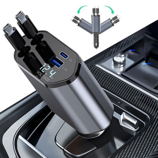 Car Charger Adapter - Retractable Cable - Dual Por