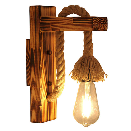 1-Bulb Wood Wall Mounted Industrial Brown Rectangular Hall Rope Wall Light Set