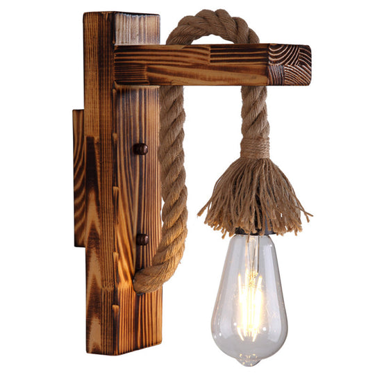 1-Bulb Wood Wall Mounted Industrial Brown Rectangular Hall Rope Wall Light Set