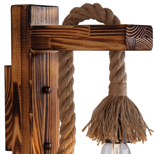 1-Bulb Wood Wall Mounted Industrial Brown Rectangular Hall Rope Wall Light Set