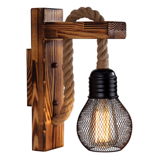1-Bulb Wood Wall Mounted Industrial Brown Rectangular Hall Rope Wall Light Set