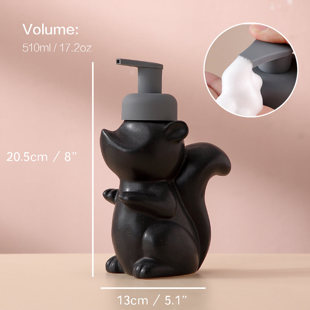 Ceramic Soap Dispenser - Squirrel Foam Pump Bathroom Bottle, Animal Design, Refillable Reusable Lotion Pump for Bathroom or Kitchen, 510ml/17.2oz
