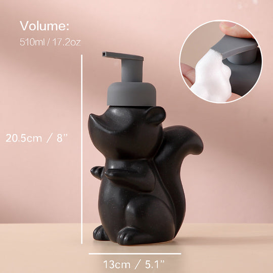 Ceramic Soap Dispenser - Squirrel Foam Pump Bathroom Bottle, Animal Design, Refillable Reusable Lotion Pump for Bathroom or Kitchen, 510ml/17.2oz