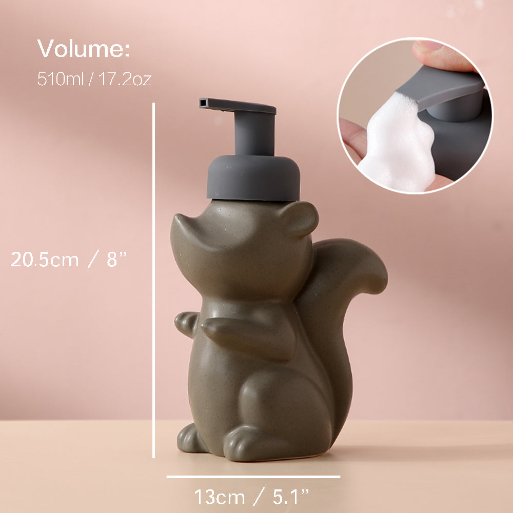 Ceramic Soap Dispenser - Squirrel Foam Pump Bathroom Bottle, Animal Design, Refillable Reusable Lotion Pump for Bathroom or Kitchen, 510ml/17.2oz