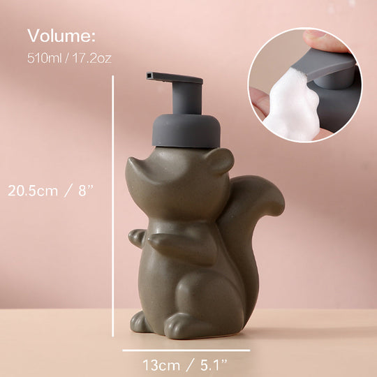 Ceramic Soap Dispenser - Squirrel Foam Pump Bathroom Bottle, Animal Design, Refillable Reusable Lotion Pump for Bathroom or Kitchen, 510ml/17.2oz