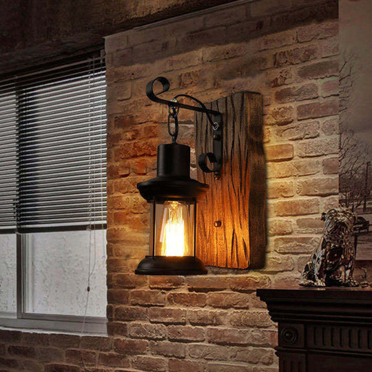Industrial Lantern Wall Mount Light - 1-Light Iron Wall Light with Clear Glass Shade for Restaurant