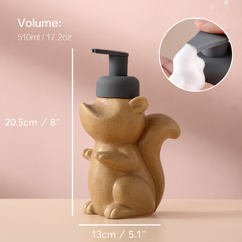 Ceramic Soap Dispenser - Squirrel Foam Pump Bathroom Bottle, Animal Design, Refillable Reusable Lotion Pump for Bathroom or Kitchen, 510ml/17.2oz