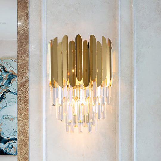 Stacked Wall Light - Modern Metal 1-Light Brass Wall Lamp with Clear Crystal Block for Nightstand