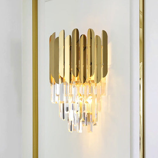 Stacked Wall Light - Modern Metal 1-Light Brass Wall Lamp with Clear Crystal Block for Nightstand