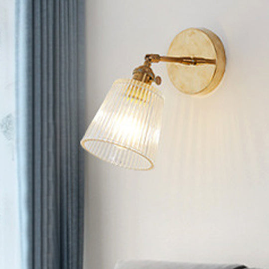 Clear Ribbed Glass Wall Lamp | Industrial Brass Cone Lighting Fixture for Living Room