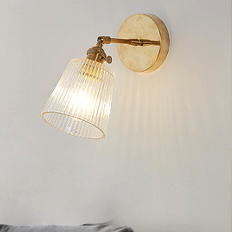 Clear Ribbed Glass Wall Lamp | Industrial Brass Cone Lighting Fixture for Living Room