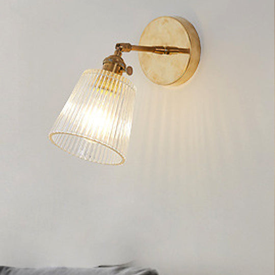 Clear Ribbed Glass Wall Lamp | Industrial Brass Cone Lighting Fixture for Living Room