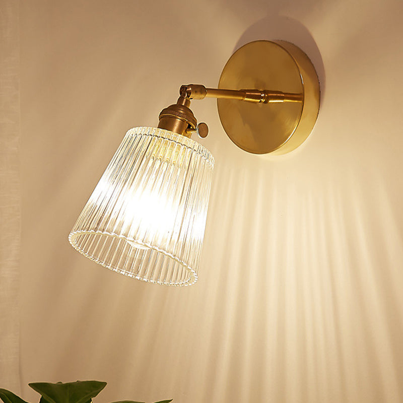 Clear Ribbed Glass Wall Lamp | Industrial Brass Cone Lighting Fixture for Living Room
