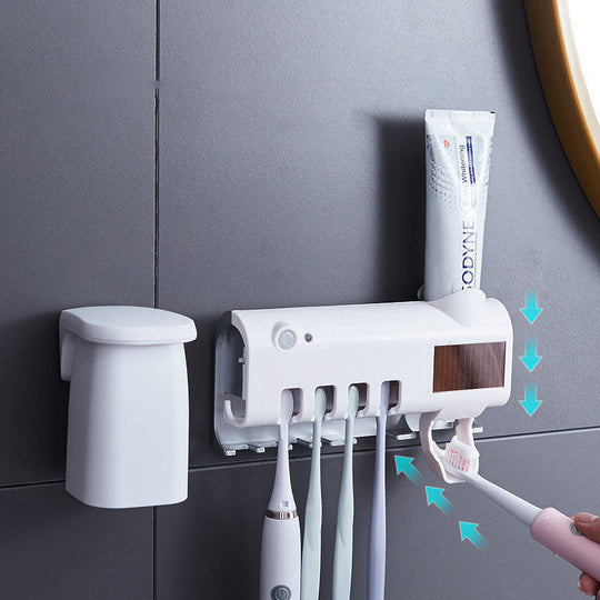 Smart UV Light Sterilizer Toothbrush Holder with Wall-Mounted Toothpaste Dispenser