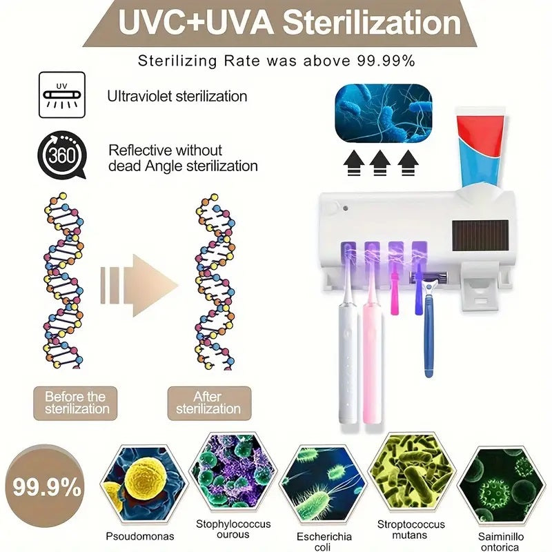 Smart UV Light Sterilizer Toothbrush Holder with Wall-Mounted Toothpaste Dispenser