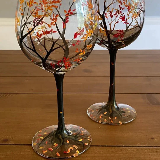 Hand Painted Four Seasons Tree Wine Glasses | Unique Art
