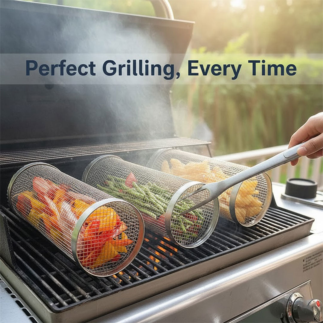 BBQ Grill Basket - Stainless Steel - Rotating Cylinder