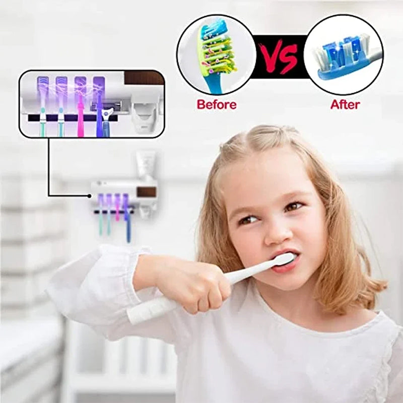 Smart UV Light Sterilizer Toothbrush Holder with Wall-Mounted Toothpaste Dispenser