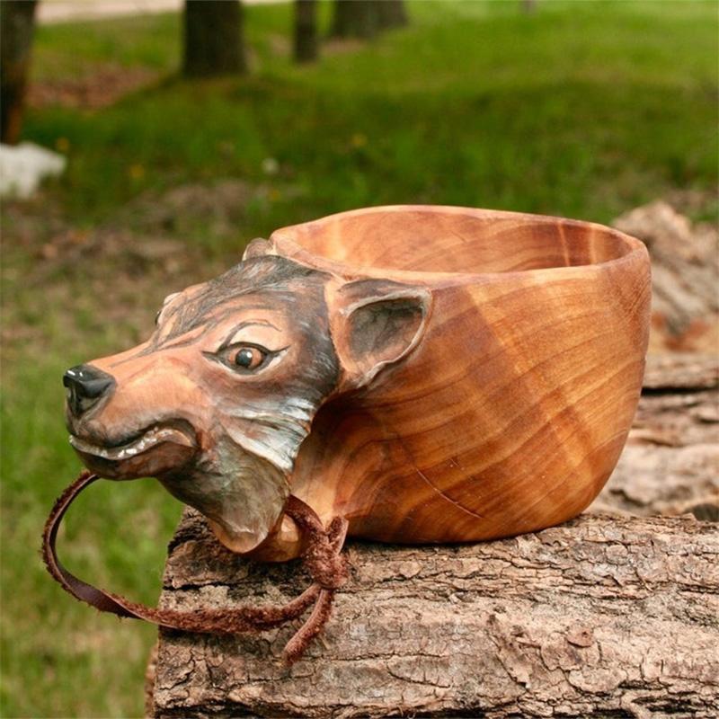 Hand-Carved Animal Head Wooden Cup