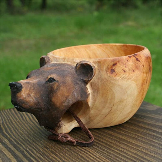 Hand-Carved Animal Head Wooden Cup