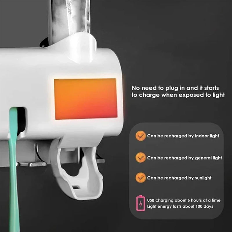 Smart UV Light Sterilizer Toothbrush Holder with Wall-Mounted Toothpaste Dispenser