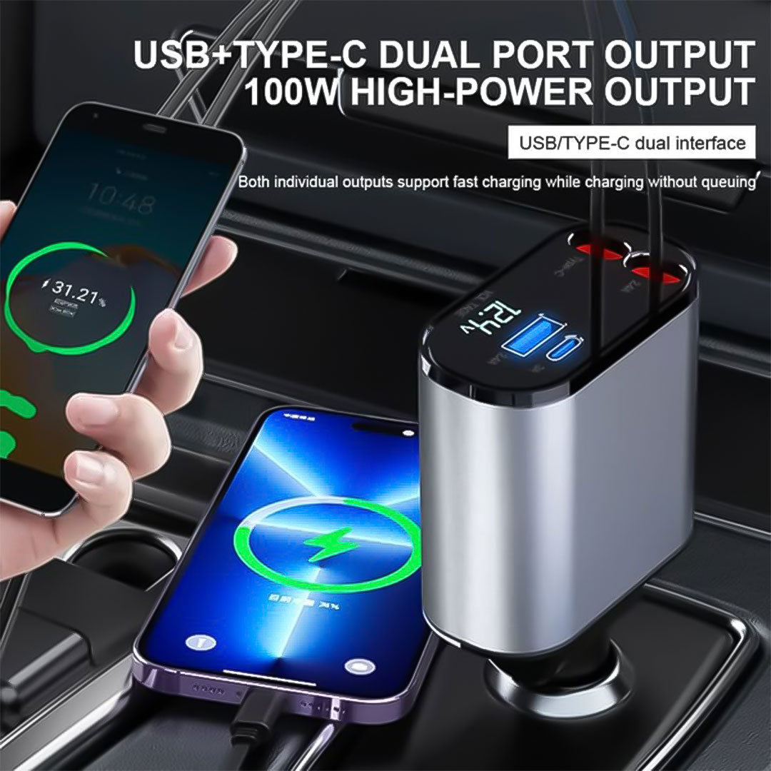 Car Charger Adapter - Retractable Cable - Dual Por