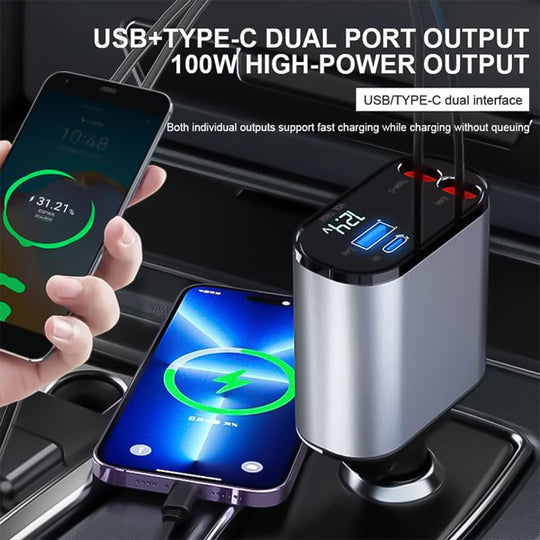Car Charger Adapter - Retractable Cable - Dual Por