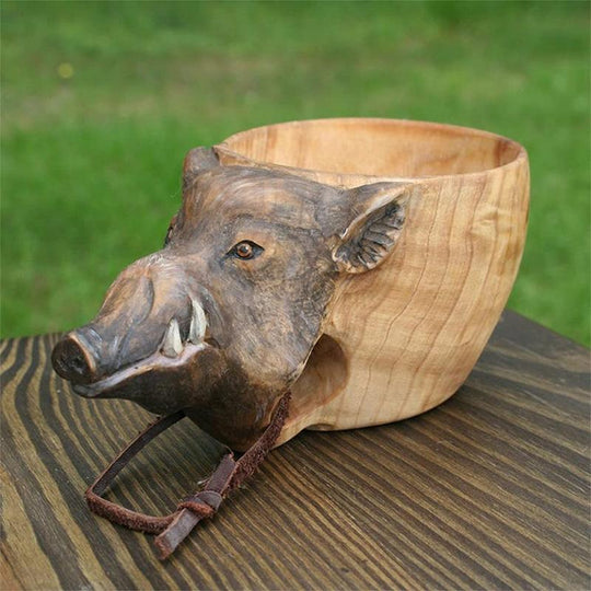Hand-Carved Animal Head Wooden Cup