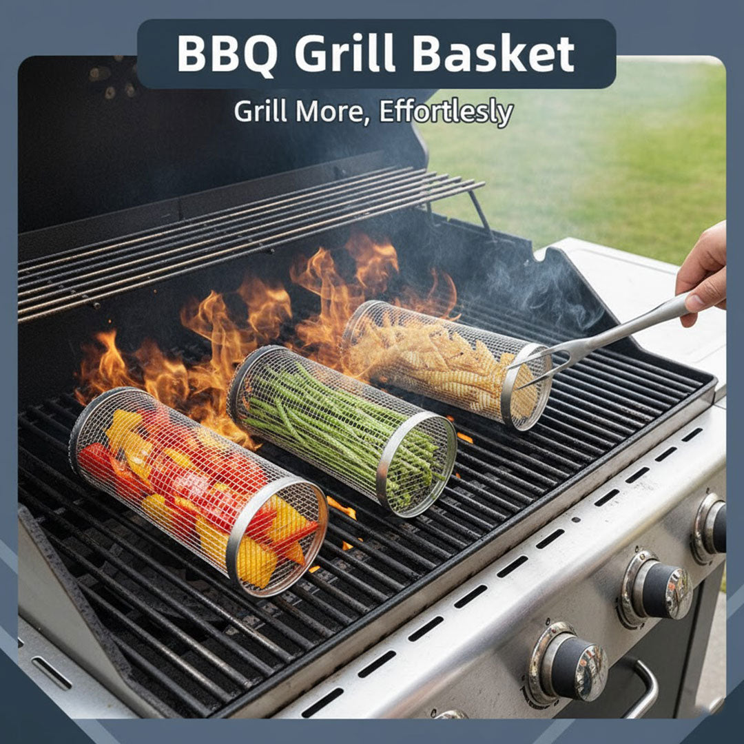 BBQ Grill Basket - Stainless Steel - Rotating Cylinder