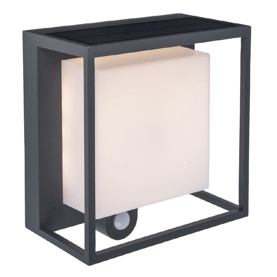 Curtis LED Anthracite Solar-Powered Outdoor Modern Square Surface Mounted Wall Lamp with PIR