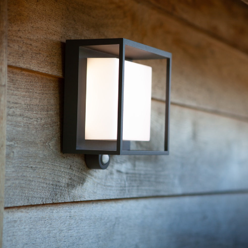 Curtis LED Anthracite Solar-Powered Outdoor Modern Square Surface Mounted Wall Lamp with PIR