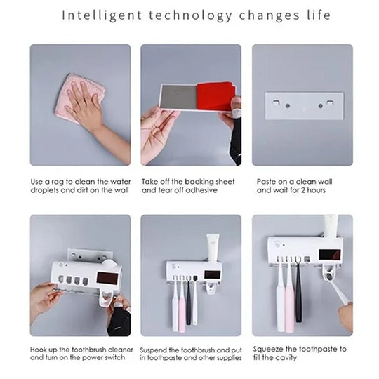 Smart UV Light Sterilizer Toothbrush Holder with Wall-Mounted Toothpaste Dispenser