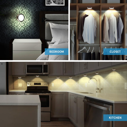 Remote Control LED Puck Light, Dimmable Battery-Operated Under Cabinet Light - 6 Pack Natural White