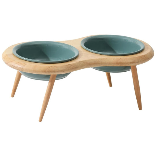 Ceramic Elevated Cat Bowl with Wooden Stand