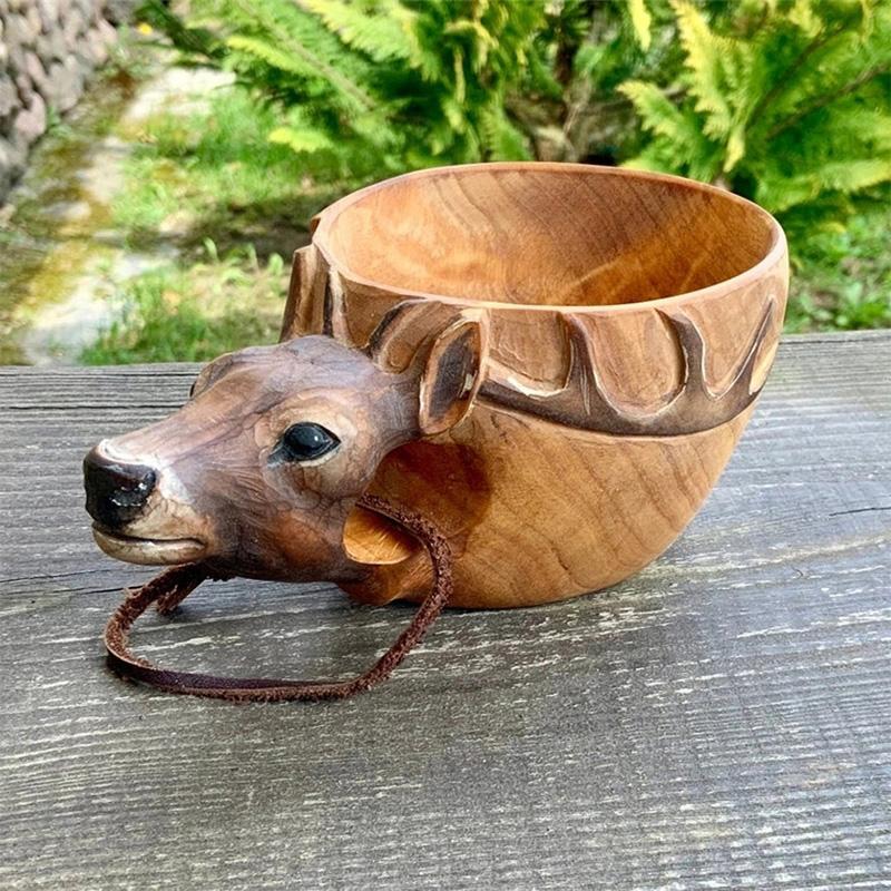 Hand-Carved Animal Head Wooden Cup