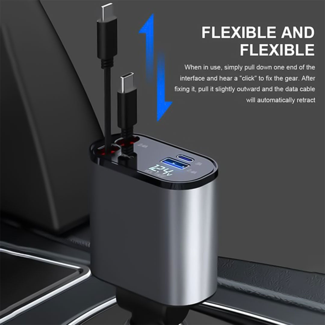 Car Charger Adapter - Retractable Cable - Dual Por