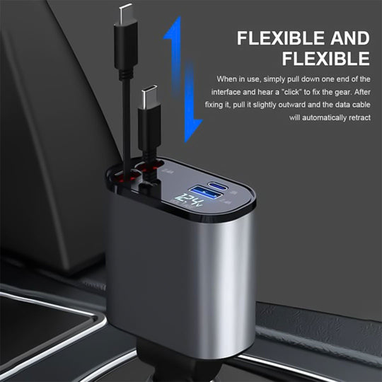 Car Charger Adapter - Retractable Cable - Dual Por